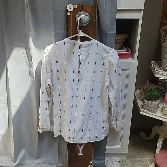 Stories By Kelly Osborne XL Blouse Black White Crewneck Long Button Sleeve Work - Picture 2 of 3